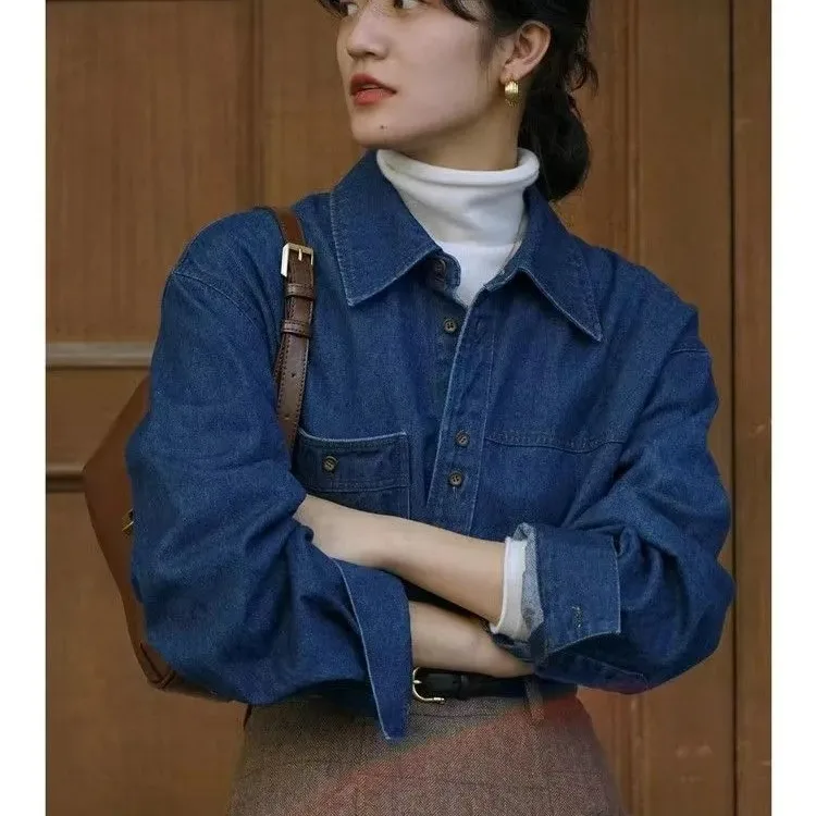 Retro Hong Kong Sle Women's Denim irt Spring Autumn Thin Design Long Sve Layering Outerwear Casual Faion Resistant t...