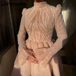 Jirocum Sparkling A-line Muslim Prom Dresses Women's High Neck Beaded Sequin Evening Party Gowns Saudi Special Occasion Dress