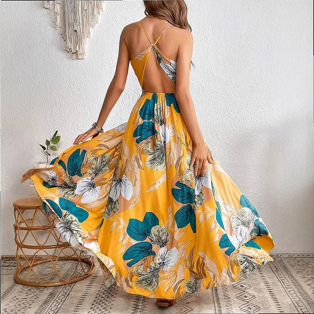 Tropical Print Split Thigh Slip Dress Summer Dresses Sexy Bodycon Jumpsuit Playsuit