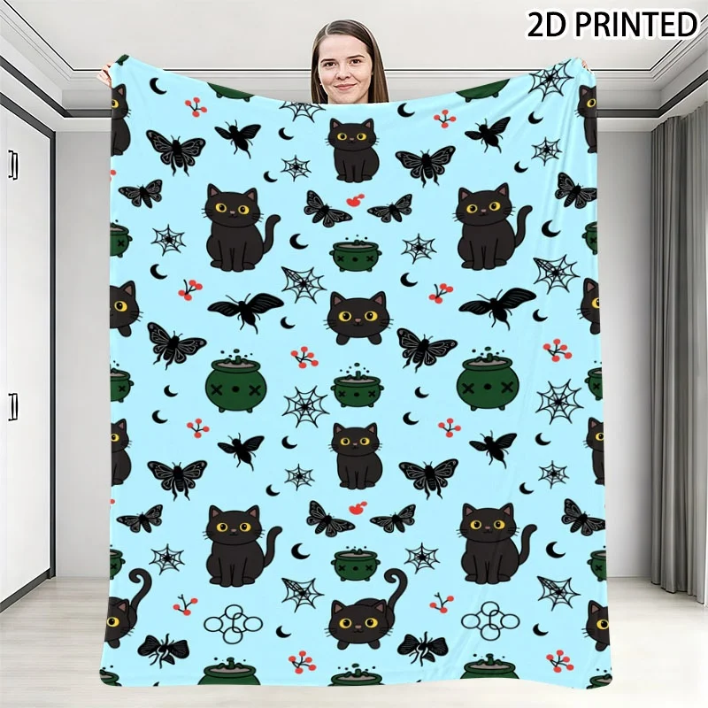 Whimsical Halloween Themed Throw Blanket, Light Blue Base with Black Cat, Cauldron, Spider & Moon Repeating Print, Multiple Spec