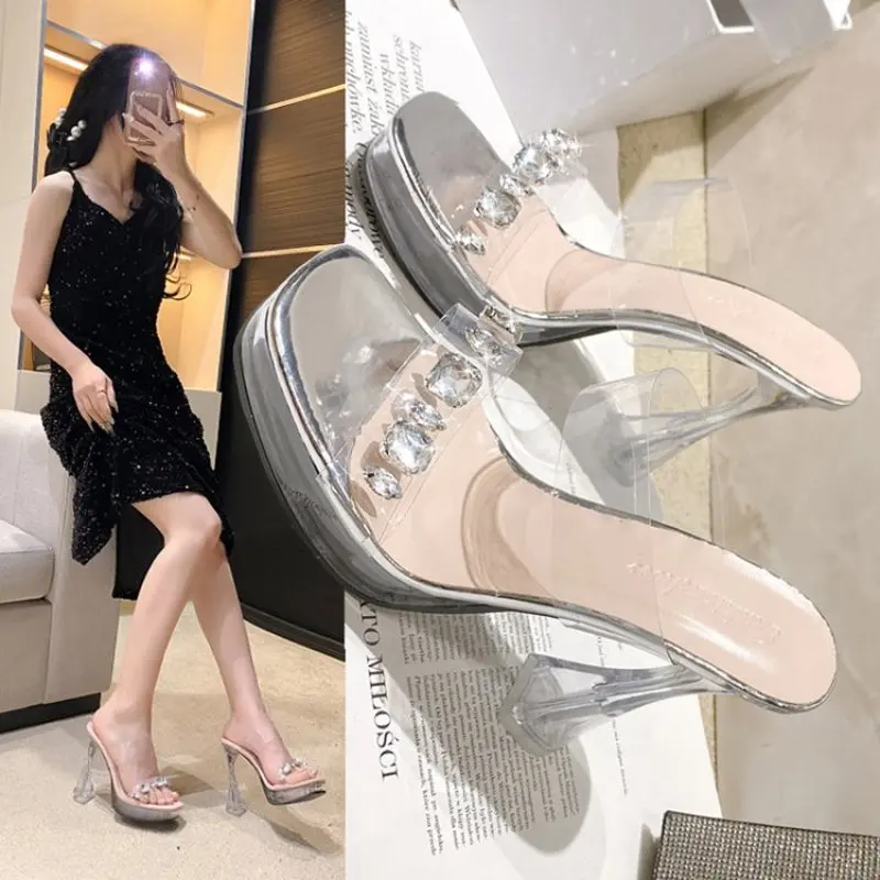 Big size 35- 42 Rhinestones Bowknot Transparent PVC Women Slippers Elegant High heels Summer Shoes Sandals Fashion  Mules Slides