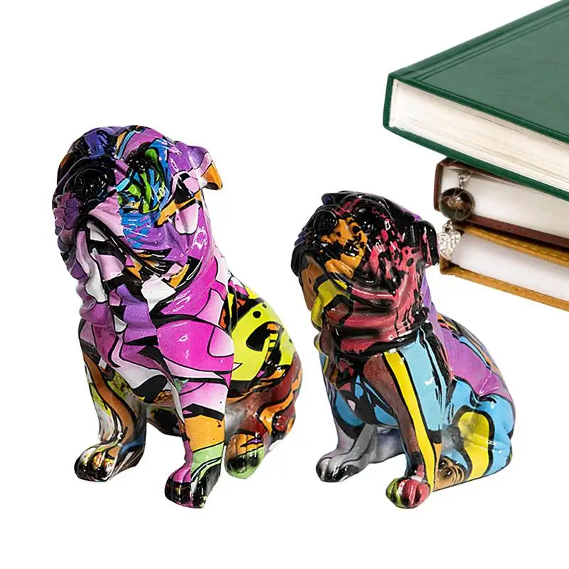 Pug Dog Statue 2X Colorful Dog Table Ornaments Dog Sculpture Creative Graffiti Art Decoration For Dog Lovers Bedroom Living Room