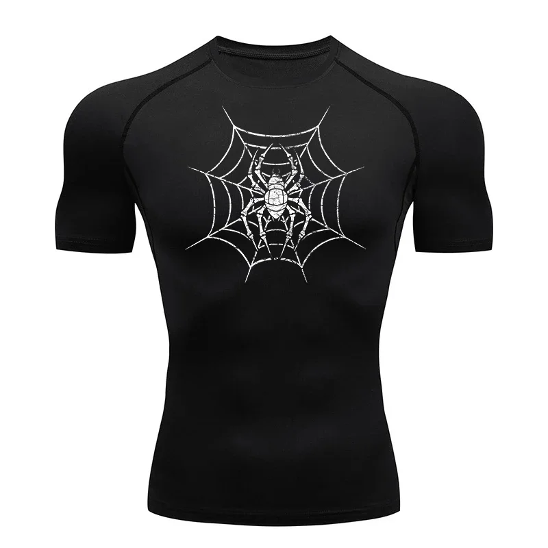 Spider Print Athletic Quick Dry Tshirts Tops for Men Gym Workout Running Compression Shirts Baselayers Undershirts Rash Guard