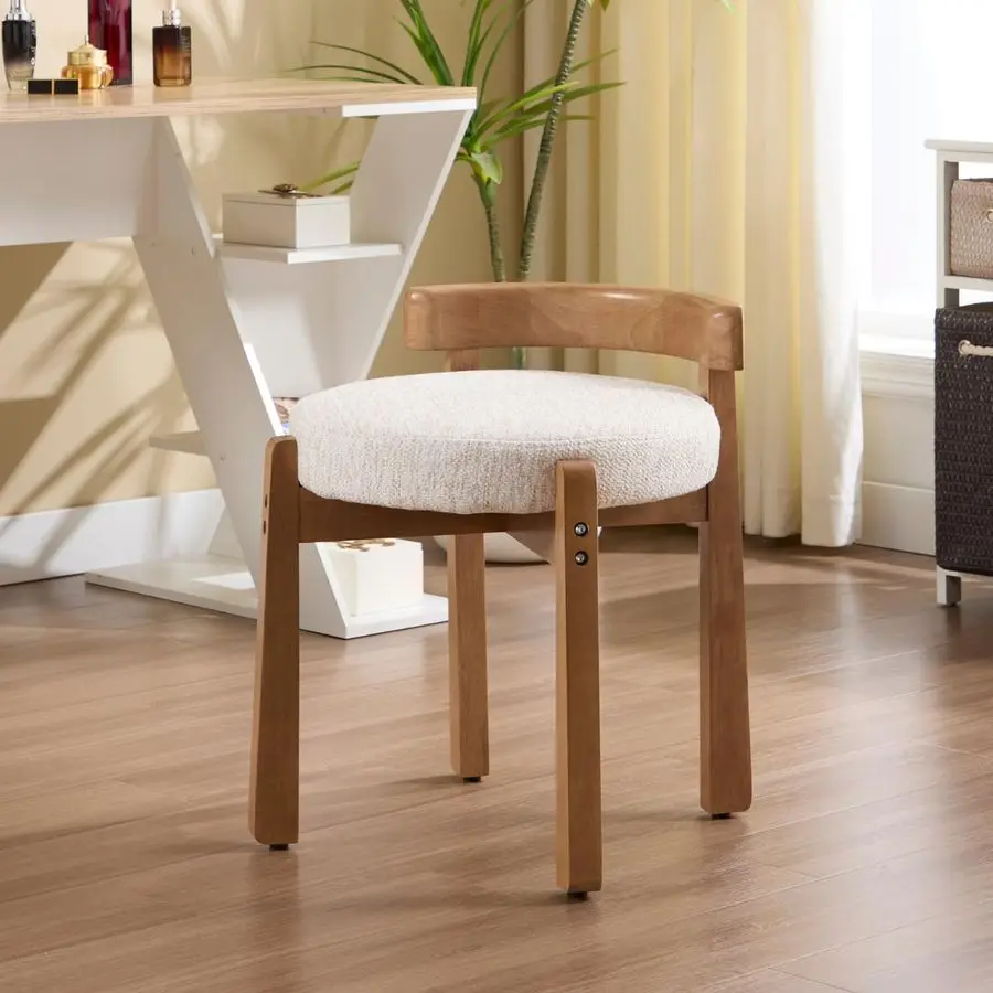 Vanity Chair Upholstered Small Ottoman Footstool, Make Up Stool Chenille Fabric with Backrest Wooden Frame for Living Room Bedro