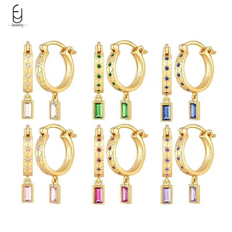 

925 Sterling Silver Ear Needle Fashion Square Pendant Earrings For Women Colorful Crystal Hoop Earrings Luxury Jewelry Gifts