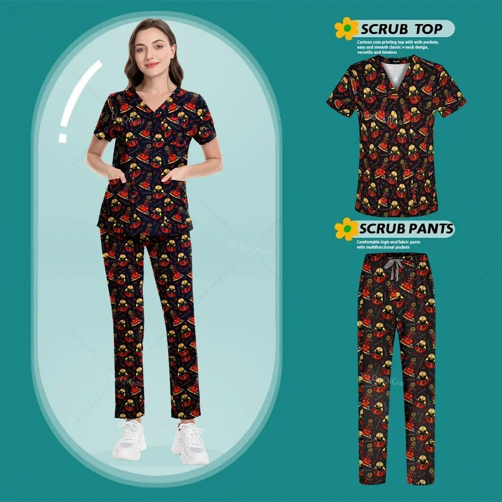 

New Medical Uniforms Women Men Halloween Prints Scrub Top Pants Nurse Accessories Doctor Clinic Clothes Spa Beauty Work Set