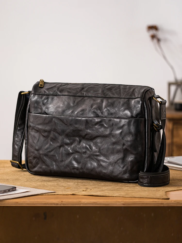 Outdoor casual first layer cowhide men's large-capacity crossbody bag vintage designer handmade genuine leather shoulder bag