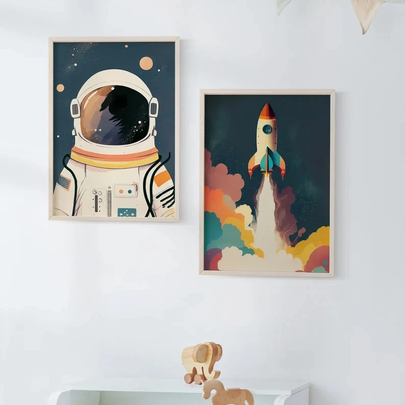 Colorful Space Adventure Cartoon Poster Astronaut and Rocket Illustration Canvas Painting Prints Nursery Wall Art Kid Room Decor