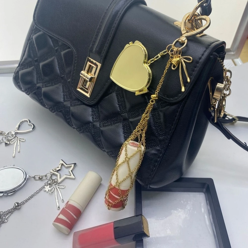 

New Gold Stainless Steel Metal Lipstick Net Bag Keychain Pendant Fashion Keyring Holder Accessories with Decorative Mirror