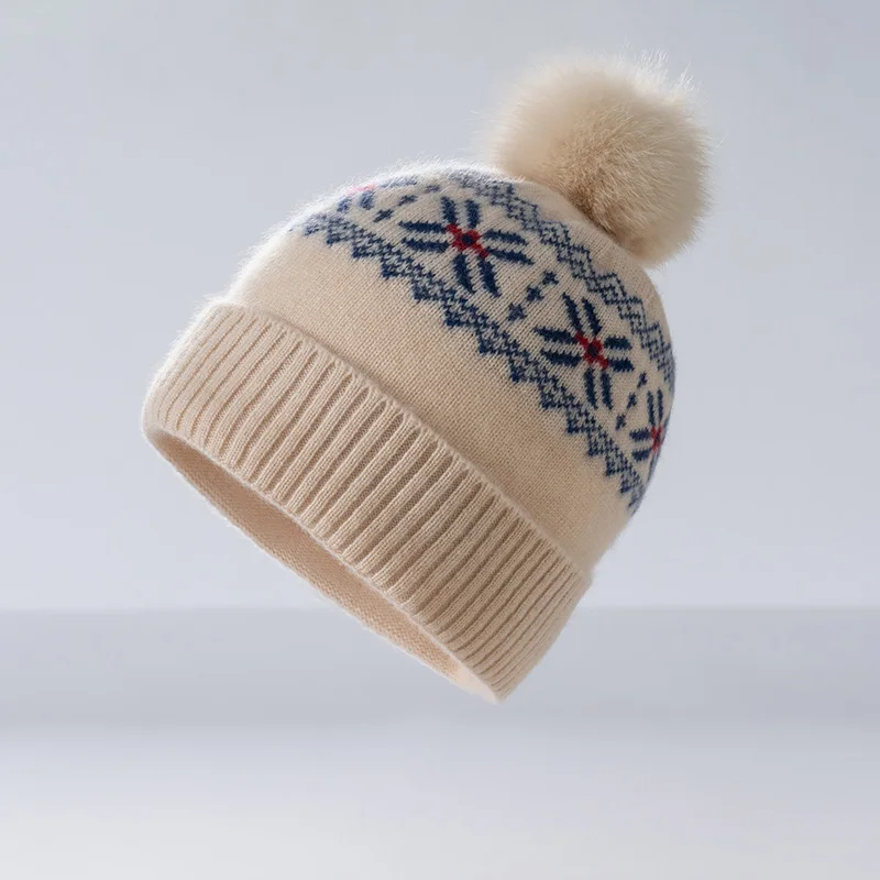 

Кашемировые винтажные жаккардовые вязаные толстые шапочки с помпоном и кроликом, мягкая шапка, осенне-зимняя теплая шерстяная шапка, рождественский подарок