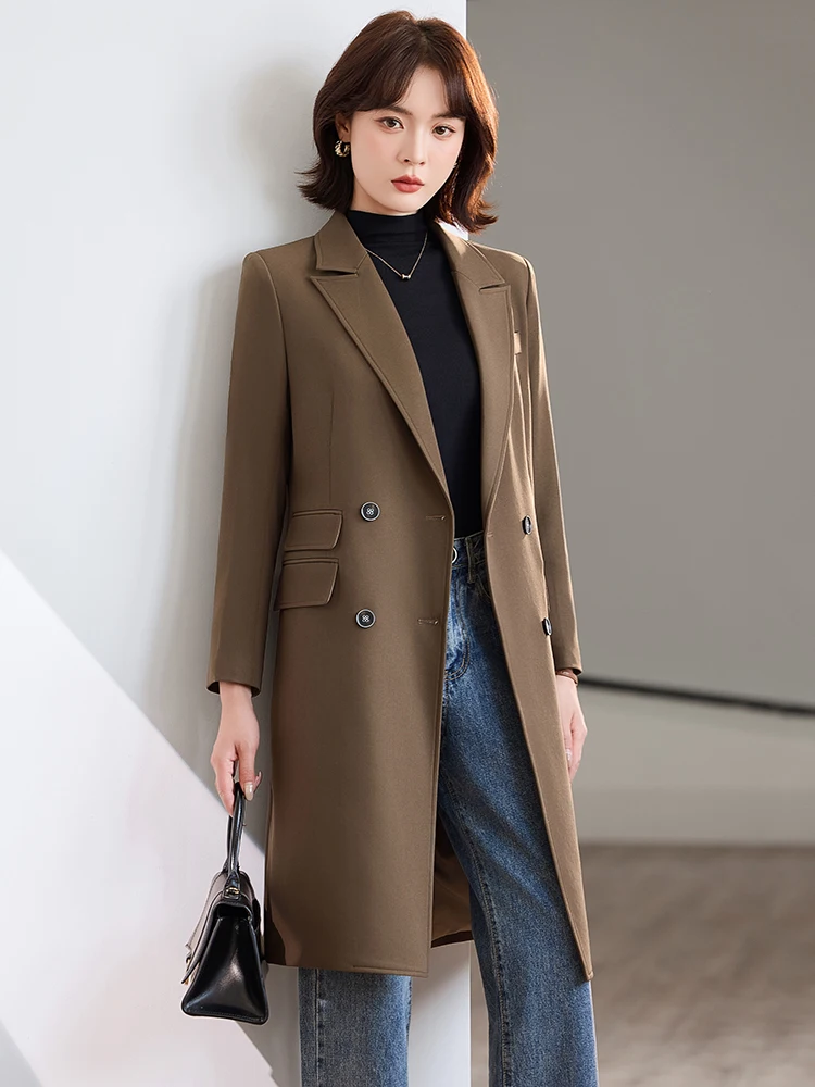 Caramel Medium-Length Suit Style Commuter Women's Coat Autumn Winter New Style Small Size Waist-Cinching Goddess Look