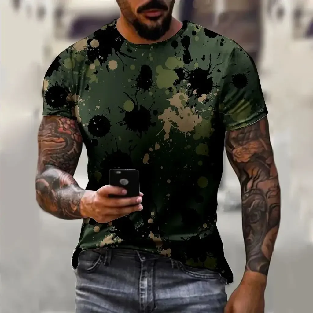 Summer Men's Camouflage Fashion O Collar Short Sleeve Loose Casual 3d Printed Street Retro Plus Size Breathable Personality Top