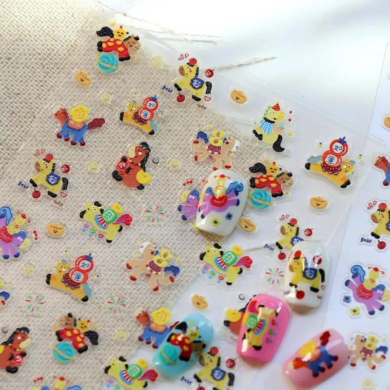 

Cartoon Pony Nail Stickers 5D Embossed Nail Art Stickers Year Of The Horse DIY Manicure Self-Adhesive New Year Decorative Decals