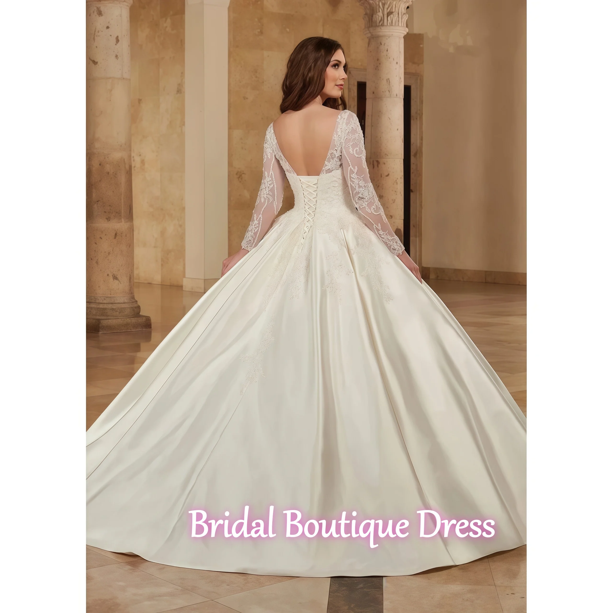 Gaun Pengantin Satin Illusion Lengan Panjang Elegan yang Dikustomisasi, Gaun Pengantin Putri dengan Aplikasi Manik-Manik dan Detail Sweetheart yang Indah