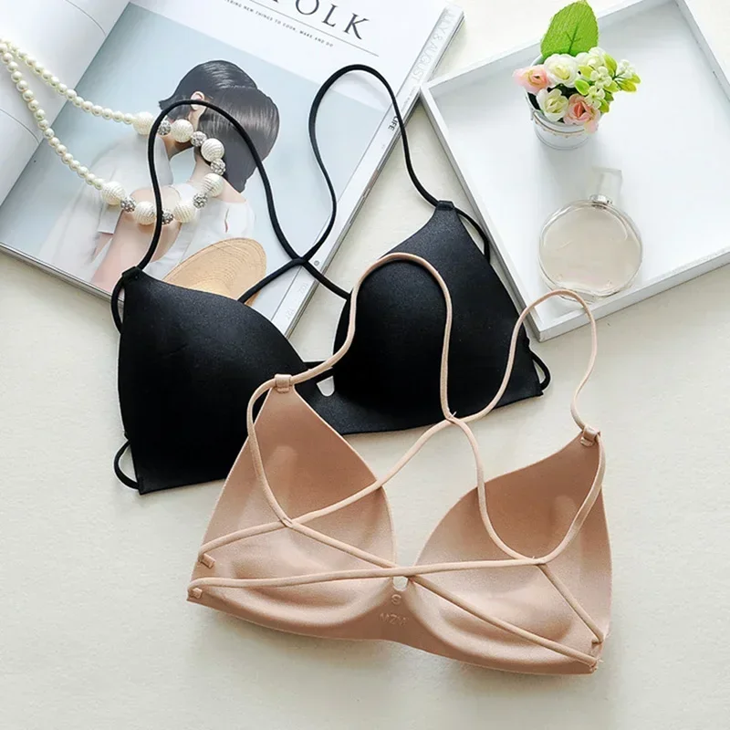 Sexy Cross Strap Women Casual Padded Lingerie Underwear Women Stretch Wireless Push Up Bra Bralette Strap Top Ropa Mujer