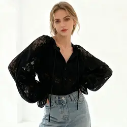 Vintage Hook Hollow Flower Blouse Women Fashion with Lace Casual Loose Lantern Sleeve Shirt Female Lace-up Black Tops Elegant