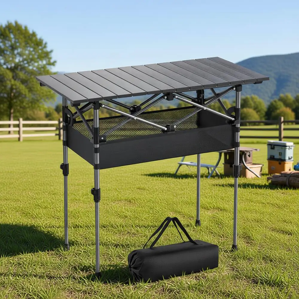 

Портативный складной походный стол с регулируемой высотой и местом для хранения, подходит для активного отдыха и пикников, 32,2 x 16 дюймов, черный