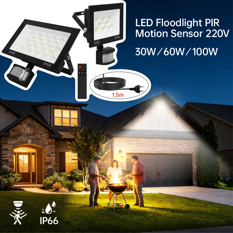 

Светодиодный прожектор с датчиком движения PIR, AC 220V, 30W/60W/100W, IP66, водонепроницаемый, с дистанционным управлением, для наружного освещения