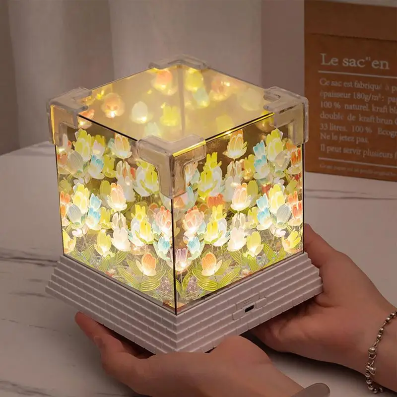 Flower Sea Desk Lamp Floral Desk Lamp Ornaments Cube Bedside Night Light Decorative Glass LED Night Vibe Lamp Creative For