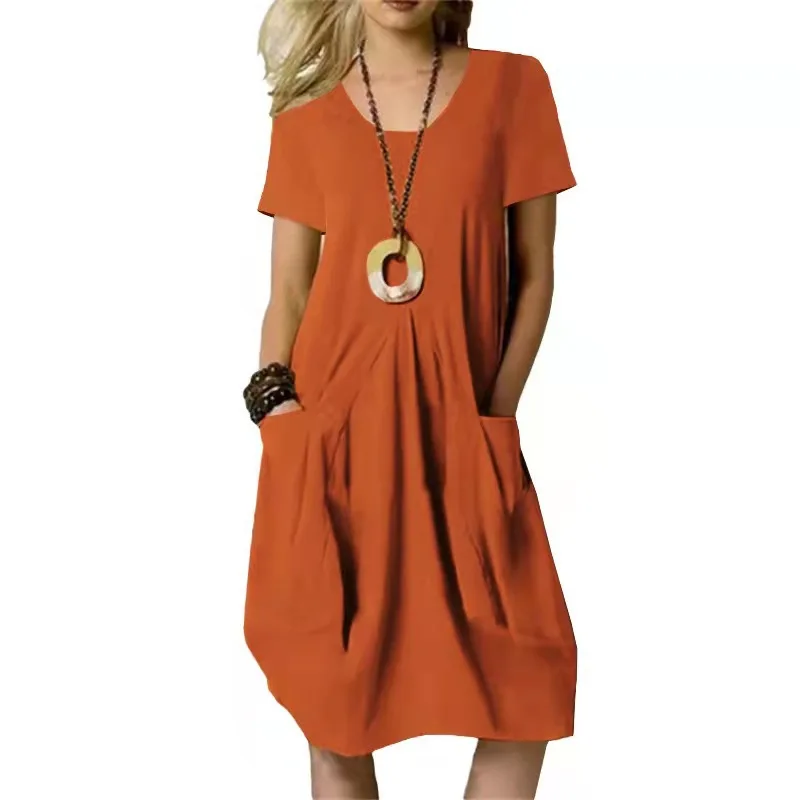 2024 Women's Short Sleeve Solid Color Dress Loose High Waist O-neck Oversize Women's Cotton Casual Dress