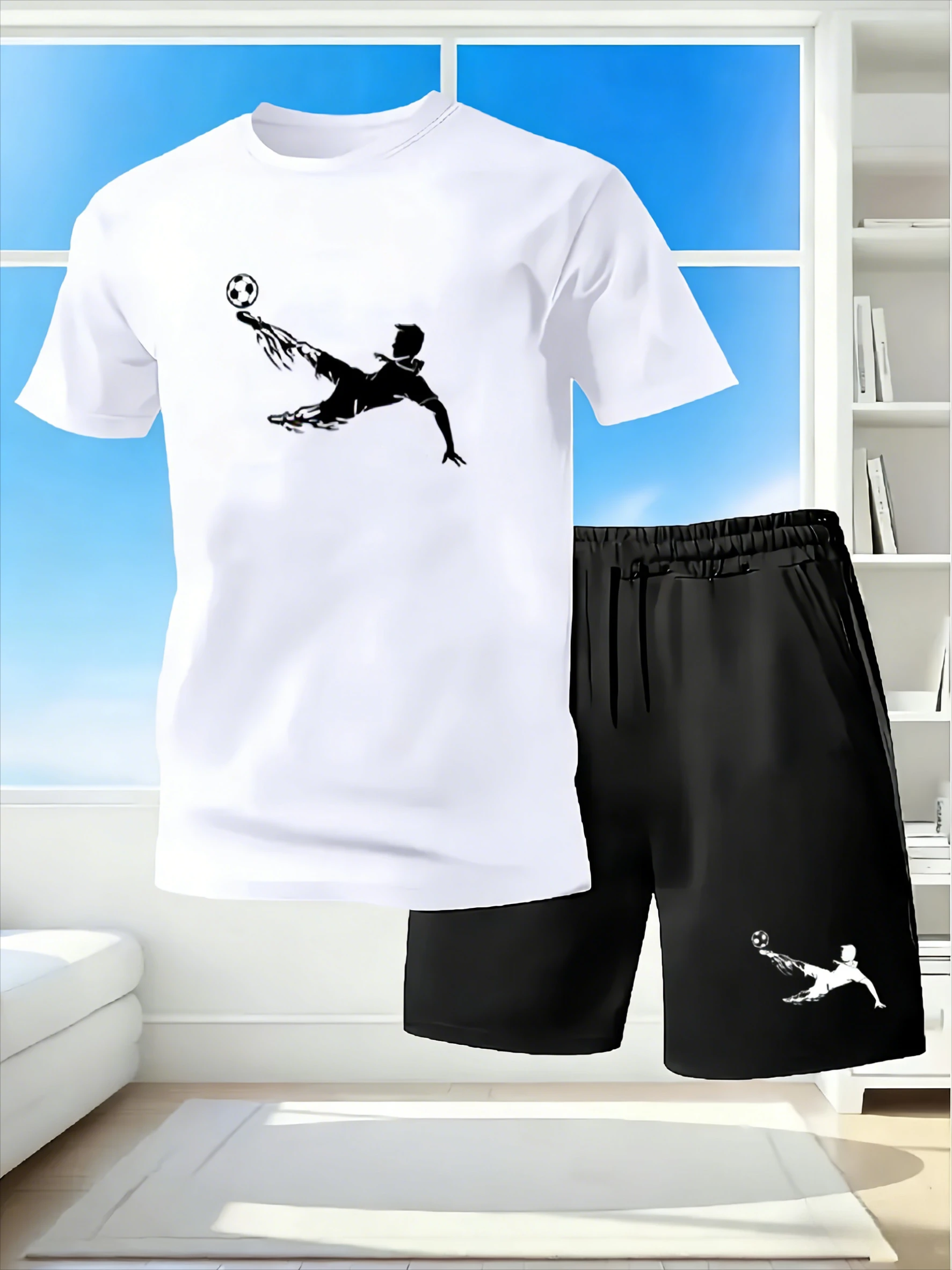 

Men's Casual 2-Piece Set, Dynamic Football Silhouette Printed T-Shirt & Loose Drawstring Shorts, Summer Sporty Trendy Outfit