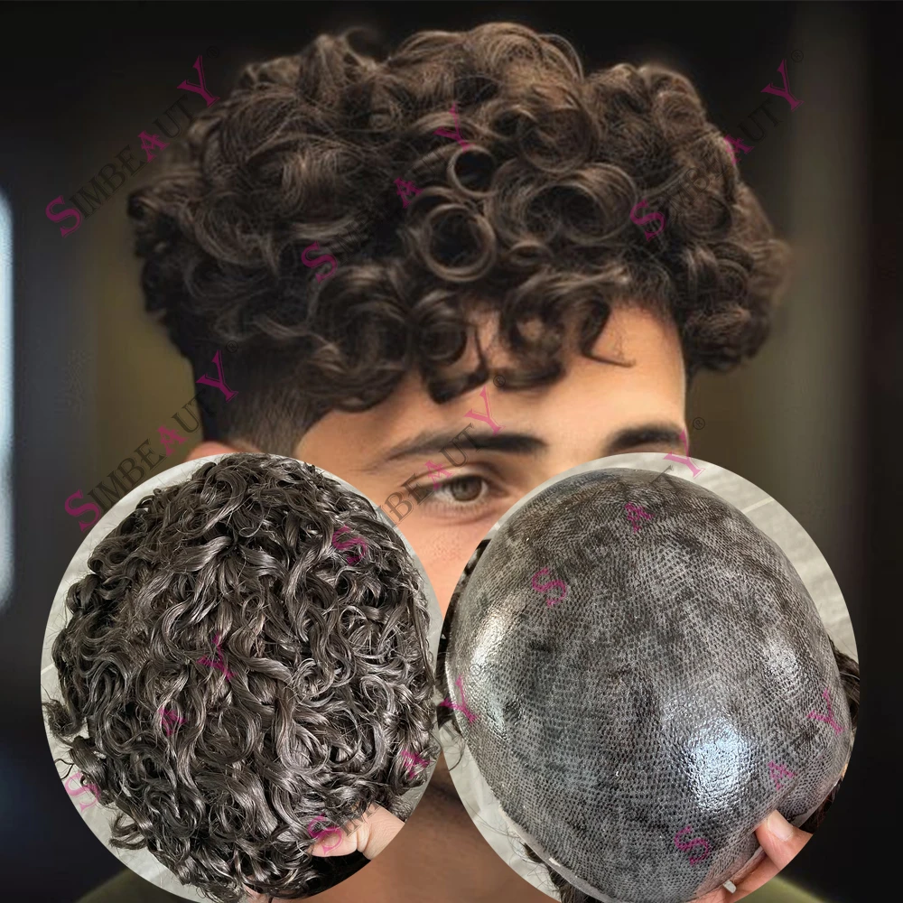 

Накладка для волос из натуральных кудрявых человеческих волос 20 мм для мужчин, серо-коричневая, суперпрочная, на тонкой кожаной основе, с естественной линией роста волос