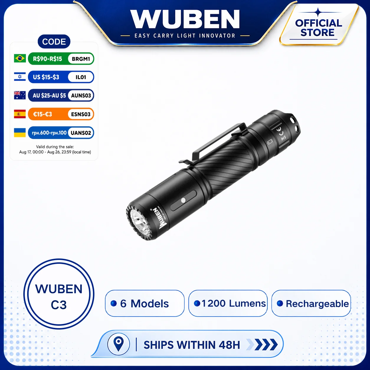 WUBEN C3 Flashlight 1200 High Lumens Rechargeable Flashlight 6 Modes IP68 Waterproof LED Tactical Flashlight for Camping Hunting