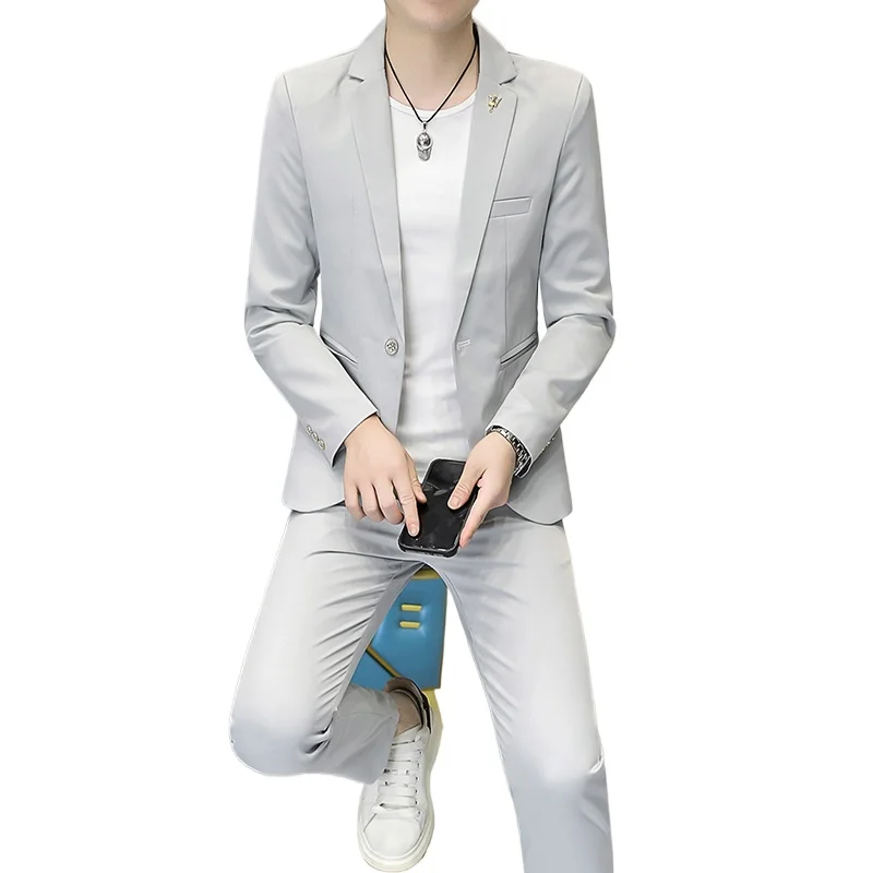 

Модный мужской костюм-двойка. Модный однотонный приталенный деловой костюм в повседневном стиле. Комплект костюма на одной пуговице [куртка + брюки]