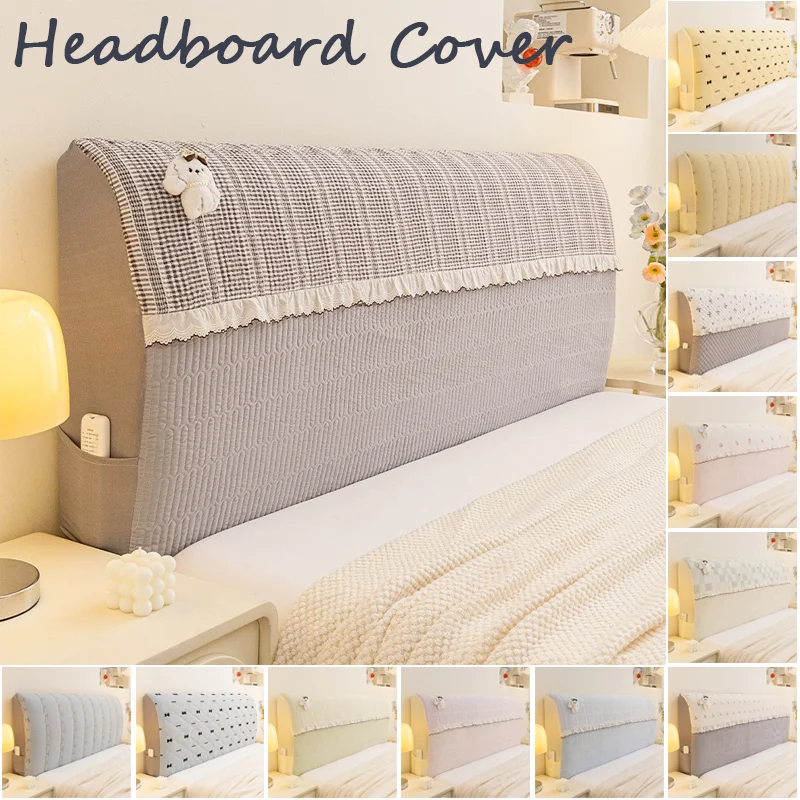 Universal Full Wrap Headboard Cover Cream Style Thickened Washed Cotton Bow Pattern Stain Resistant Removable Bed Back Protector