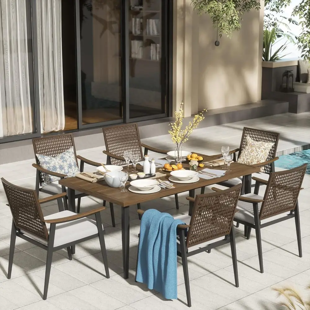 

6-Piece Rattan Swivel Patio Dining Set with Cushions, Woodgrain Armrests, 65 Table & Umbrella Hole