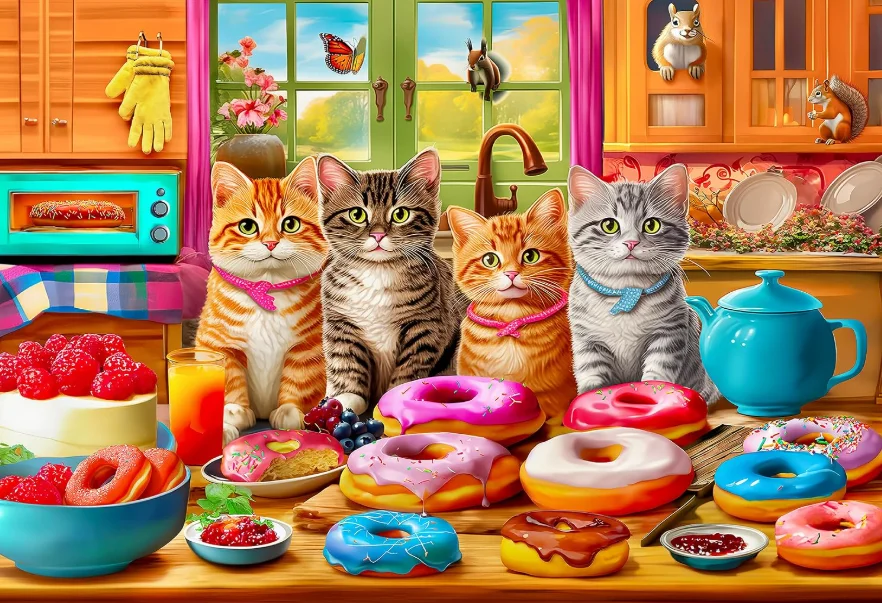Kitten Baking Jigsaw Puzzle 500/1000/1200/2000PCS Cats In Kitchen Colorful Iced Donuts Fruit Art DIY Assembly Home Ornament