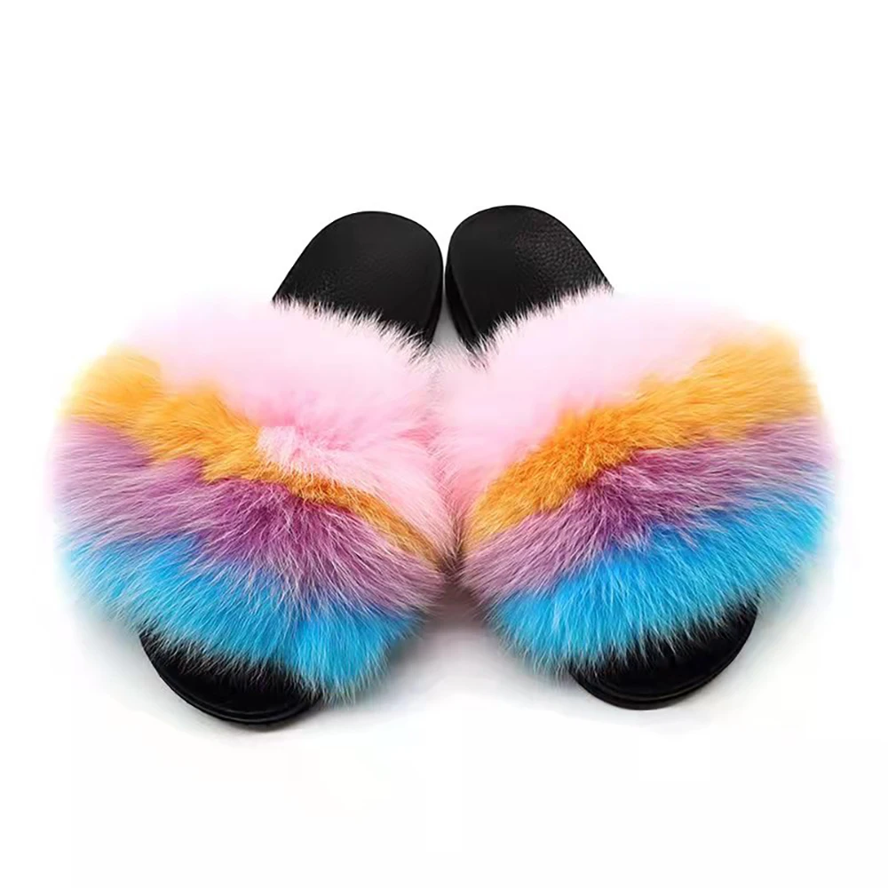 2024 New Women Summer Furry Fur Slippers Flat Non-slip Solid Real Fox Fur Slides Fluffy Slippers Ladies Shoes Women Home Slipper