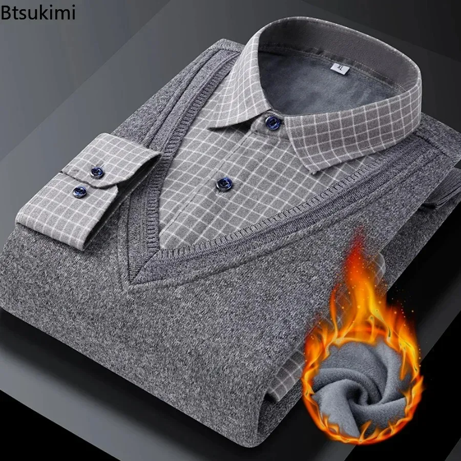 2023 outono inverno quente dos homens camisola de veludo grosso velo quente falso duas peças camisa clássico moda masculina pulôver camisas casuais