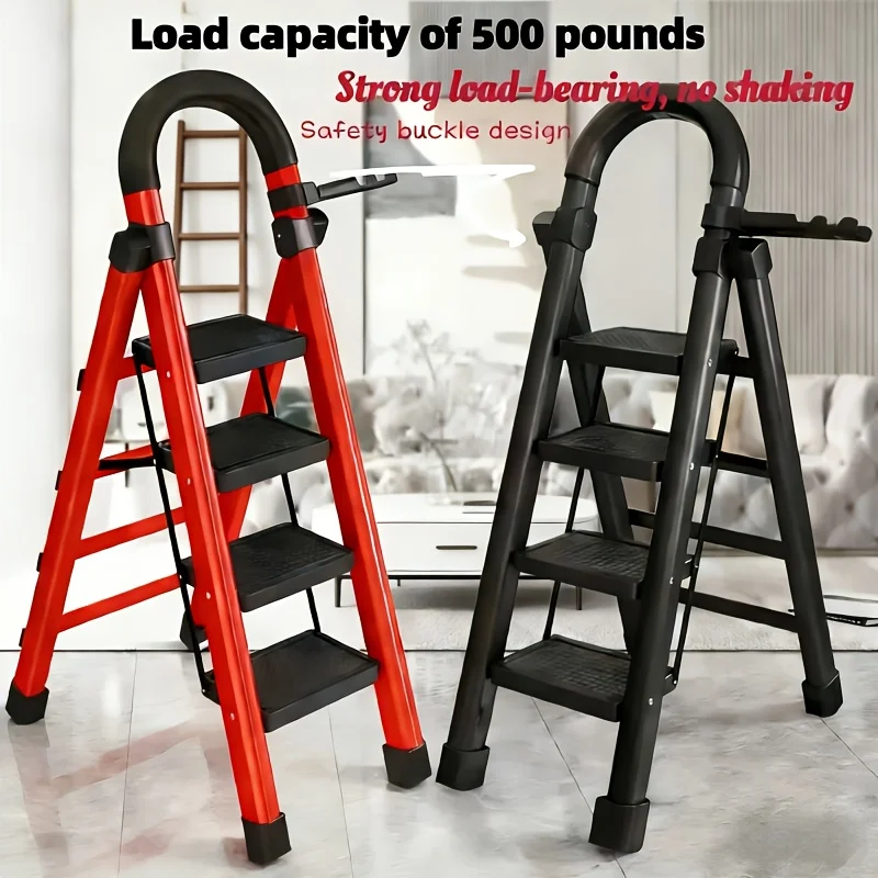 

[Sturdy Steel Step Stool] Folding 5/4/3/2 Step Ladder, Portable Ladder for Multi-Purpose, Home, Kitchen, Heavy Sturdy Steel Step Stool with Anti-Slip Wide Pedals, Handrail, Safe-Lock Design, 500Lbs Load, Black&Red