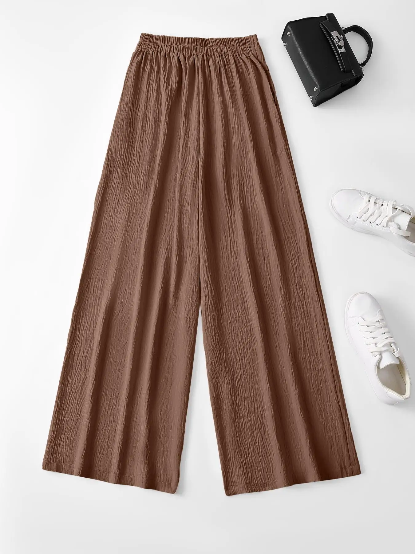 Damenhose mit hoher Taille und weitem Bein, lässiger Boho-Stil, 3D-Plissee-Design, hautfreundlicher Komfort, mehrere Farben, S-Xxl