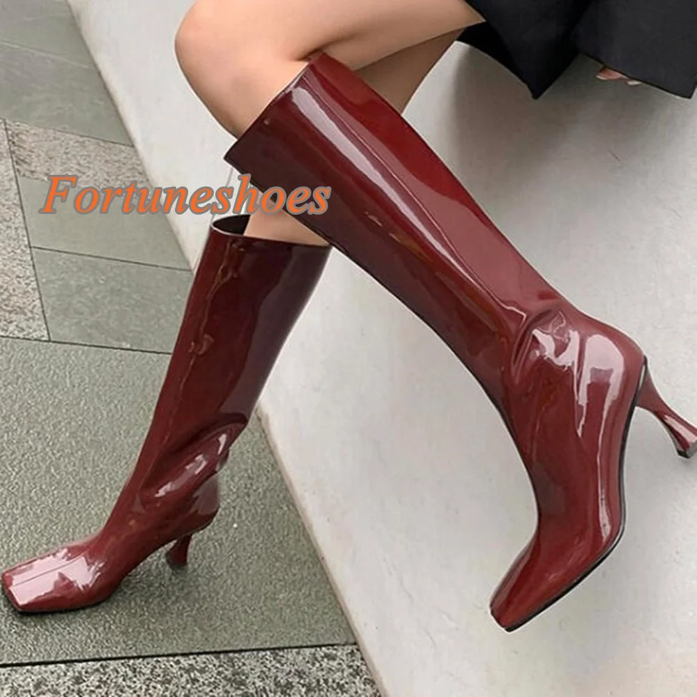 

Red Solid Knee High Boots Slip On Stiletto Heel Square Toe Patent Leather Women Boots Fashion 2025 New Arrivals Casual Boots