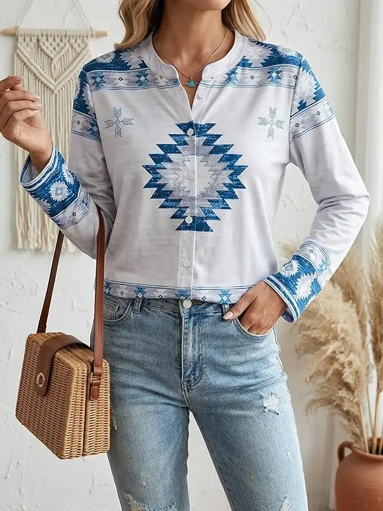 Women's Western Ethnic Casual Fashion Slim Fit Long Sleeve Shirt