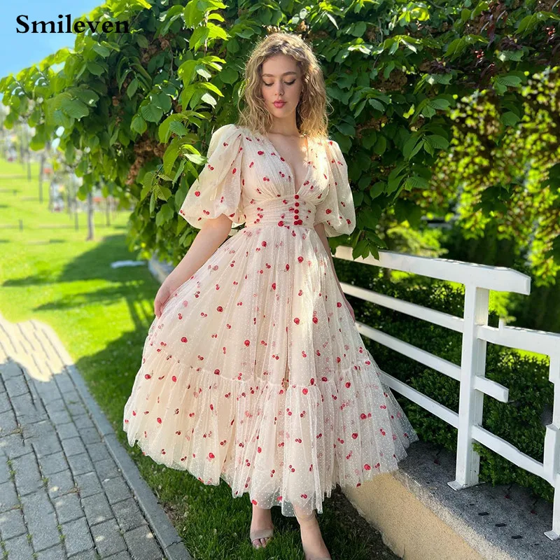 

Smileven Dots Tulle Prom Dress Sexy V Neck Short Tea Length Party Gowns Backless Prom Party Gowns Custom Made