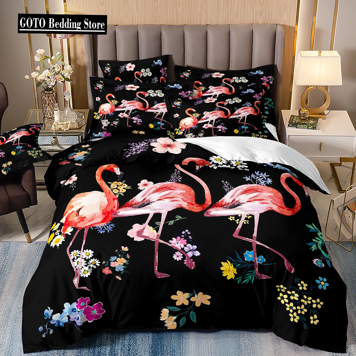 

Flower Flamingo Bedding Set for Girl,Flamingos Full Bed Set,2 People Comforter Cover,Pink and Black Pdouble Bed Cover,Microfiber