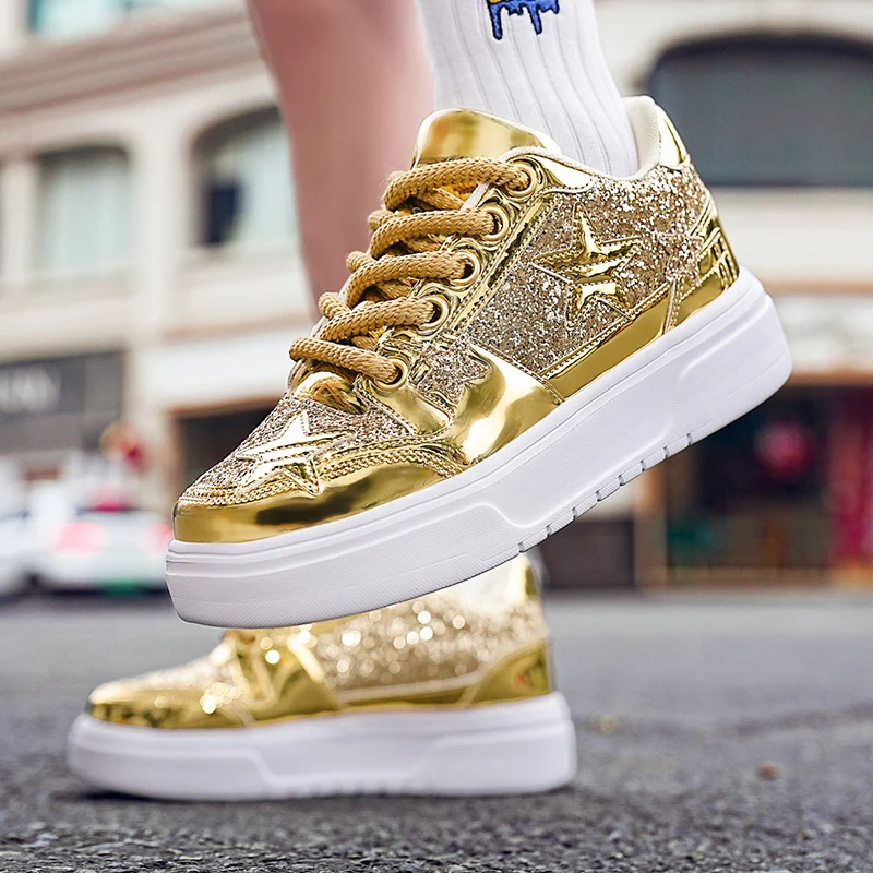 Fashion Glitter Gold Sneakers Unisex Star Platform Designer Luxury Shoes Men Women Casual Street Hip Hop Men\'s Skateboard Shoes