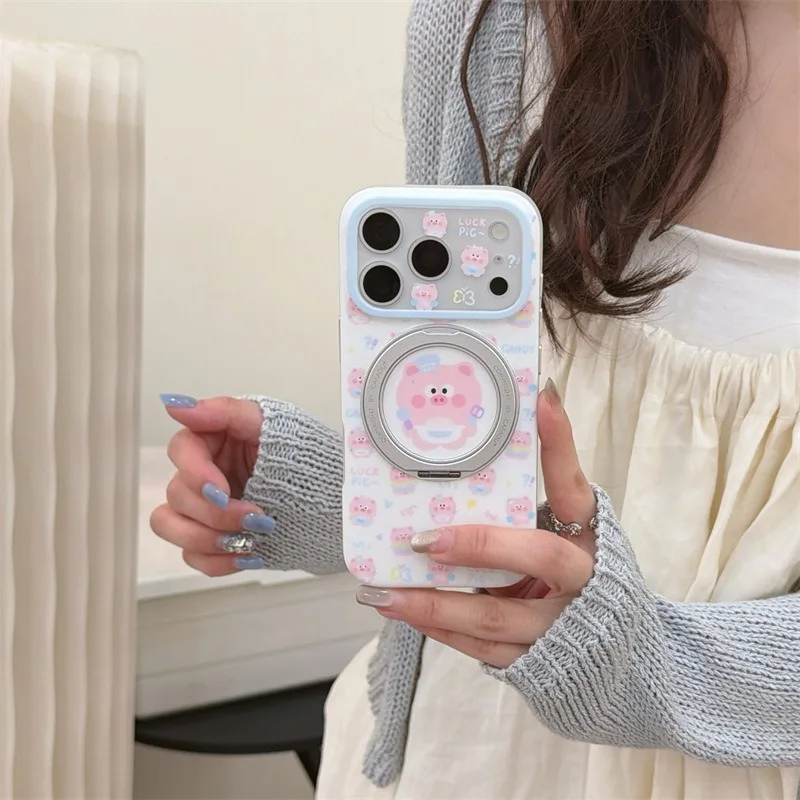 

Pink Cartoon Pig Ring Kickstand Magnetic Phone Case For iPhone 17 16 15 Pro Max Full Cover