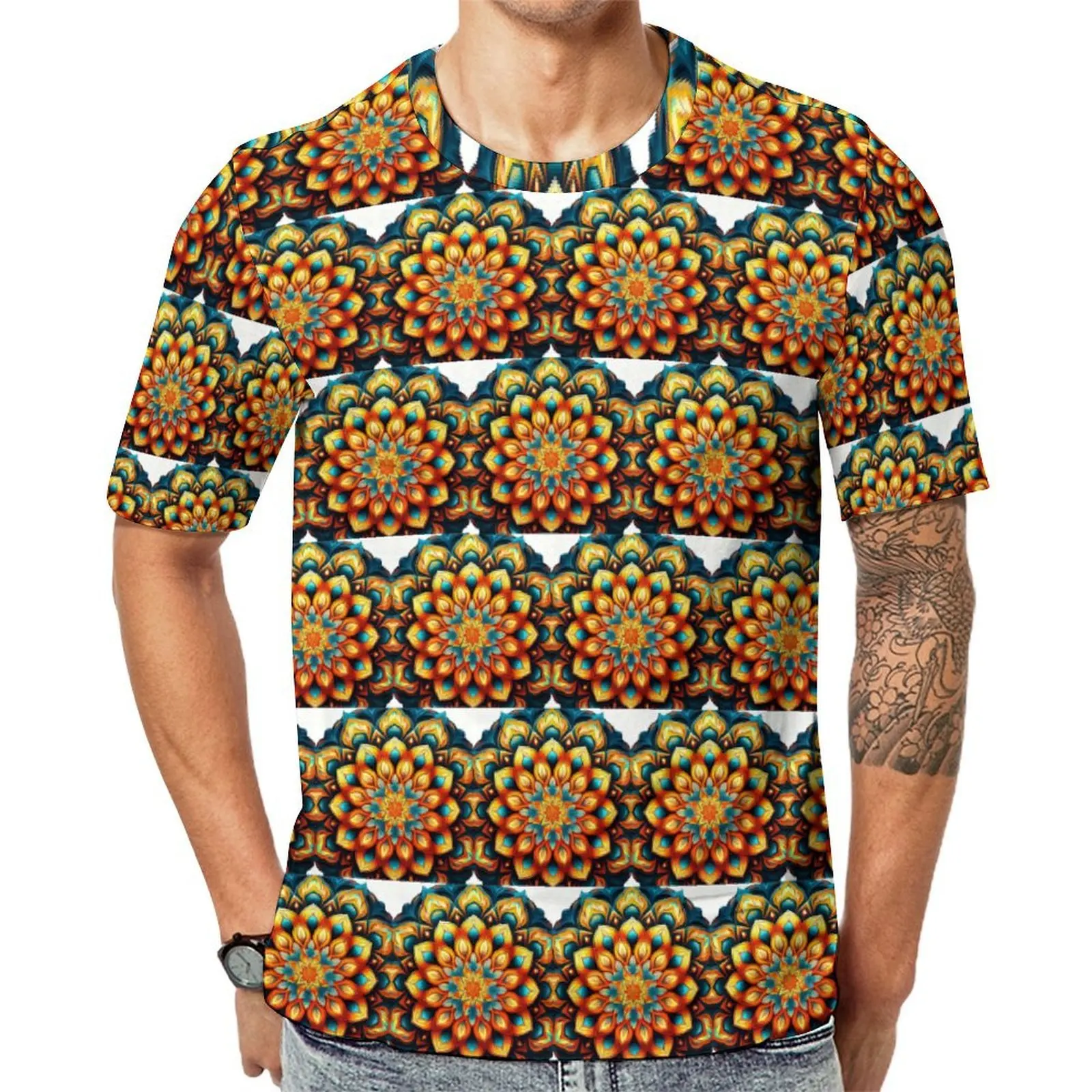Summer T-Shirt Sunset Lotus Mandala Print T Shirts  Street Style Harajuku Tee Shirt For Men Short Sleeve Custom Plus Size Tops