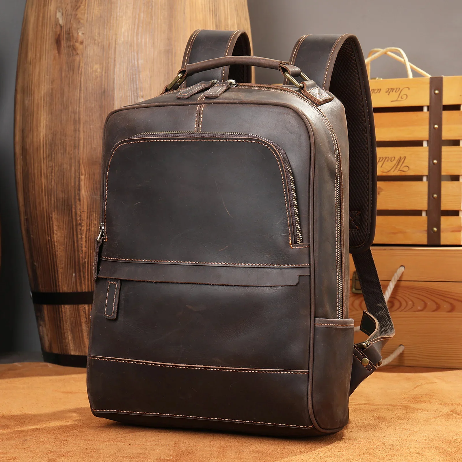 dropshipping backpack vintage packs for men male travel crazy horse leather men's pack A4 school bag 14 inch