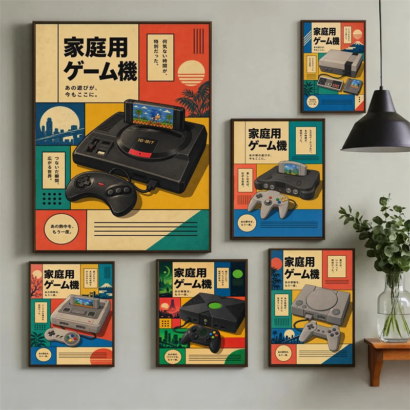 Retro Gaming Wall Art Poster – Japanese Game Console Art Print – 90s Style Canvas Painting for Game Room Home Decor