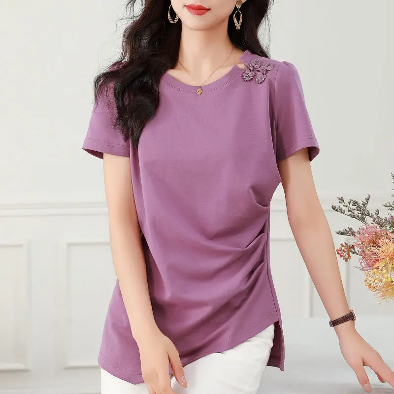 

Fashion O-Neck Button Folds Irregular T-Shirts Women's Clothing 2024 Summer New Loose Commuter Tops Asymmetrical Tee Shirt