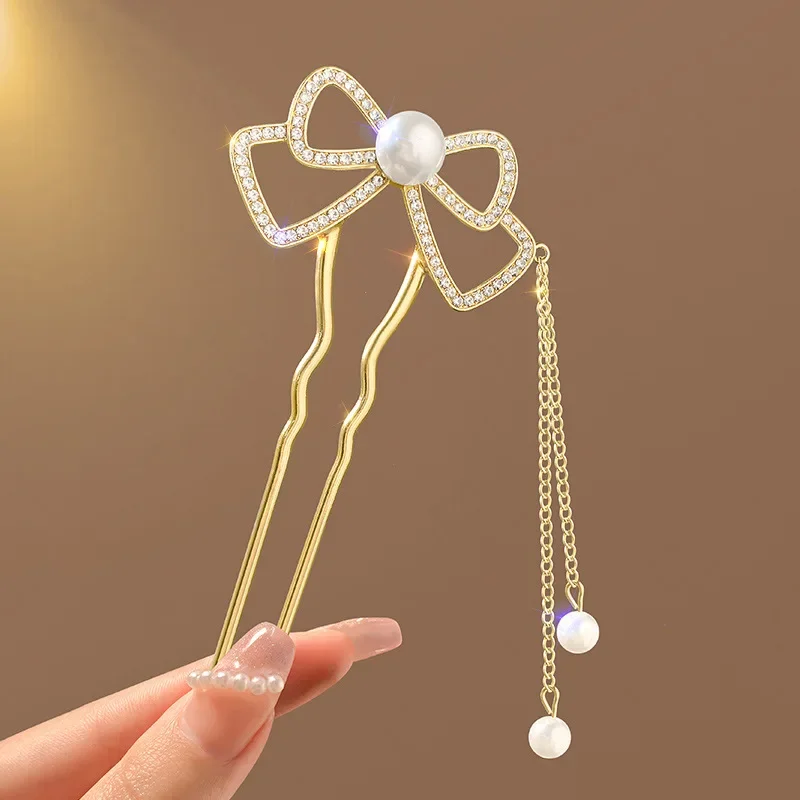 العتيقة نمط اللؤلؤ حجر الراين الراقية U على شكل شرابة دبوس الشعر النمط الصيني الجديد القوس عقال خوذة ملفوف الشعر التبعي