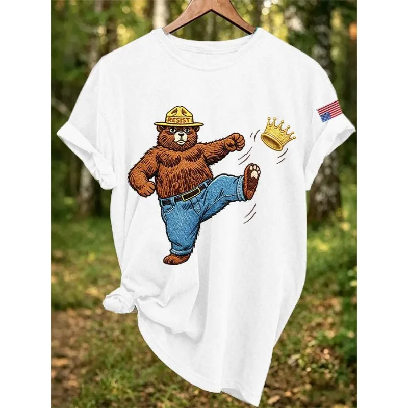 ilstile Resist Save The Forest Service Women's Bow Print T-Shirts Summer Short Sleeve T Shirt Casual Resist Bear Graphic Tees