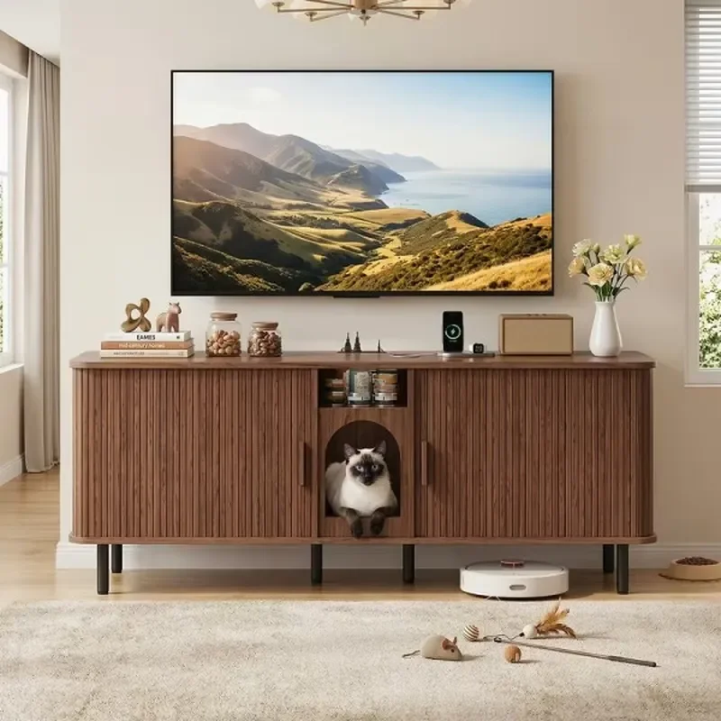 Factory Wholesale Fluted Panel TV Stand Built-in Dog House Multi-functional Wood Glass Media Console Cabinet Hidden Dog Cave