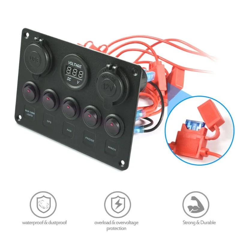 5-местная панель переключателей с USB-зарядным устройством и измерителем напряжения, концентратор мощности с защитой от перегрузки для автомобиля, лодки, автофургона 5-местная панель переключателей с USB-зарядным устройством и измерителем напряжения, концентратор мощности с защитой от перегрузки для автомобиля, лодки, автофургона