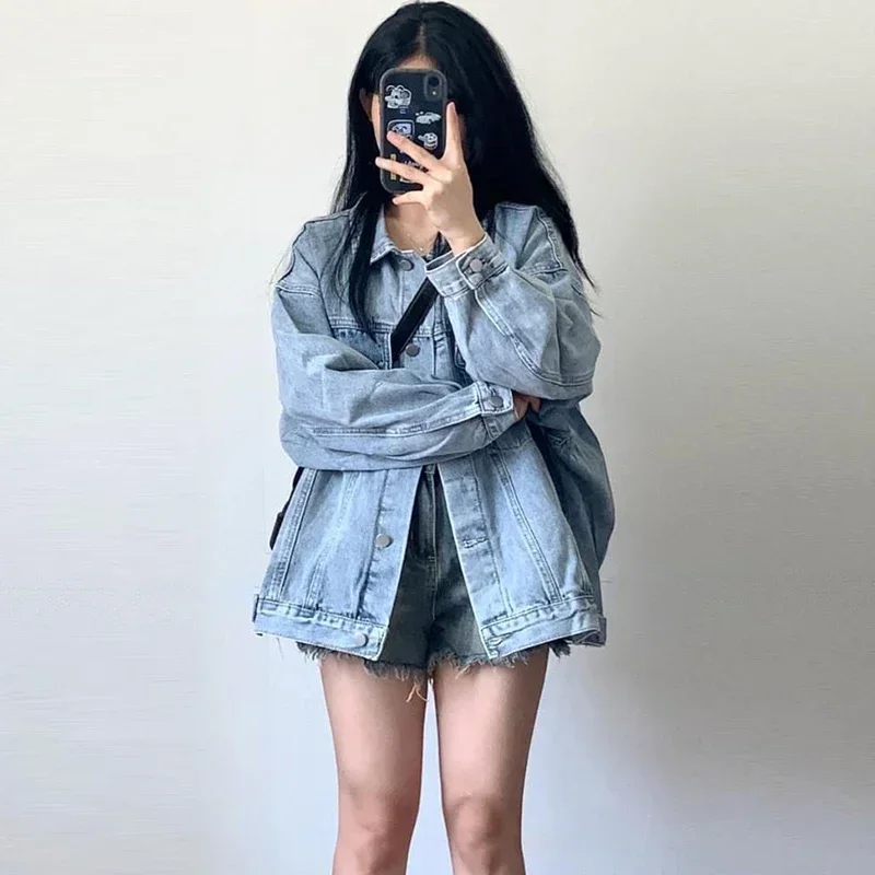 Korean Style Denim Jacket Women 2025 spring New Long Sleeve Blue Coats Woman Retro Turn Down Collar Loose Jean Jacket Female